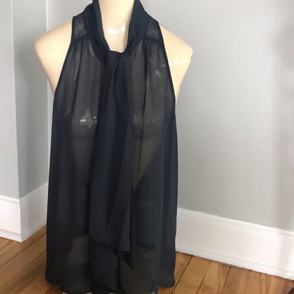central park west sheer sleeveless tie/button top